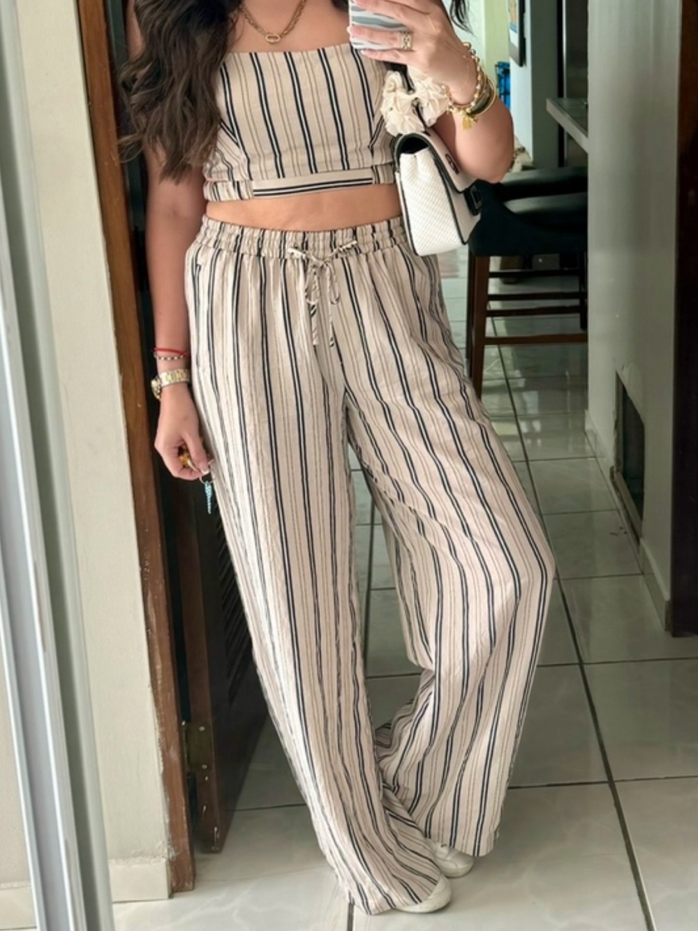Forever 21 Beige and Black Striped Wide-Leg Pants